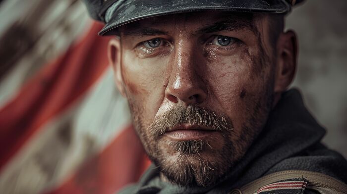 A determined World War II veteran with a weathered face, reflecting the extraordinary stories of soldiers.