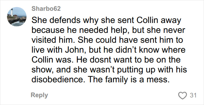 A social media comment about Collin Gosselin, his mother, and the behavioral facility. A social media comment about Collin Gosselin, his mother, and the behavioral facility.