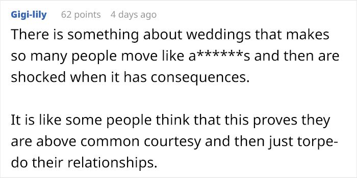 A comment about weddings and the shocking consequences when people act poorly, damaging relationships. A comment about weddings and the shocking consequences when people act poorly, damaging relationships.