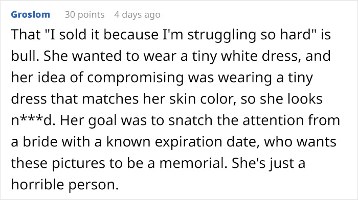 A comment accusing the maid of honor of selling the dress and trying to snatch attention from the bride. A comment accusing the maid of honor of selling the dress and trying to snatch attention from the bride.