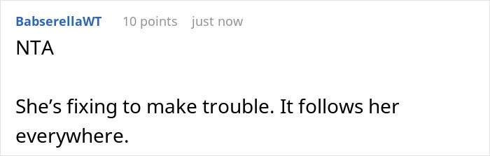 A comment saying NTA, implying the aunt who changed the grandpa's will causes trouble, related to the wedding ban. A comment saying NTA, implying the aunt who changed the grandpa's will causes trouble, related to the wedding ban.