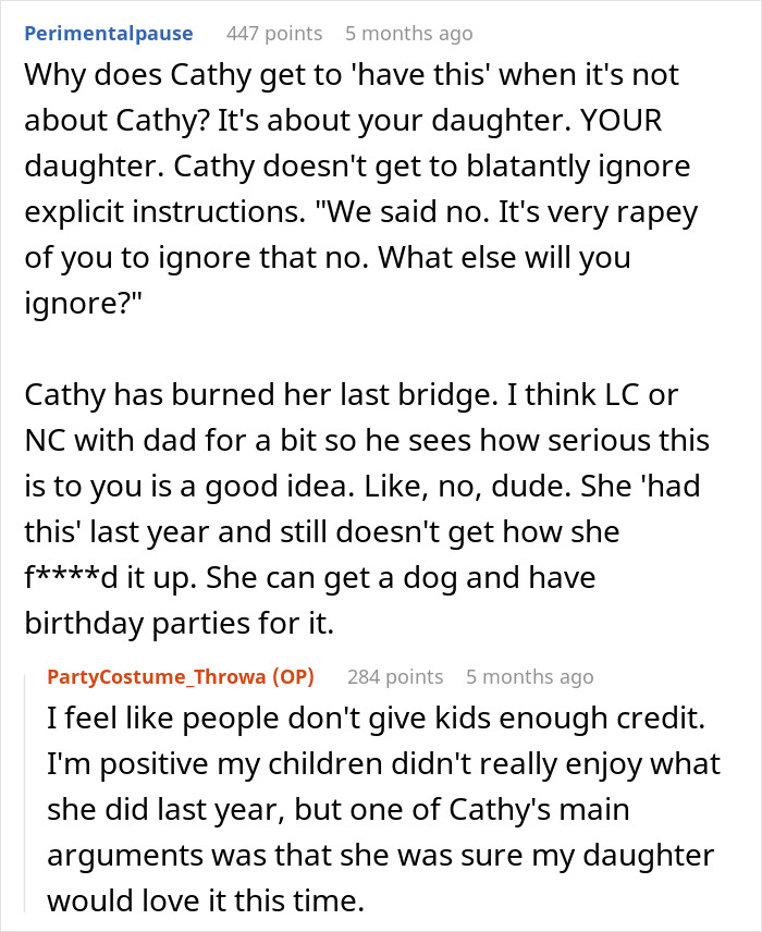 Stepmom banned from future parties due to K-Pop character costume at kid's birthday celebration. Stepmom banned from future parties due to K-Pop character costume at kid's birthday celebration.