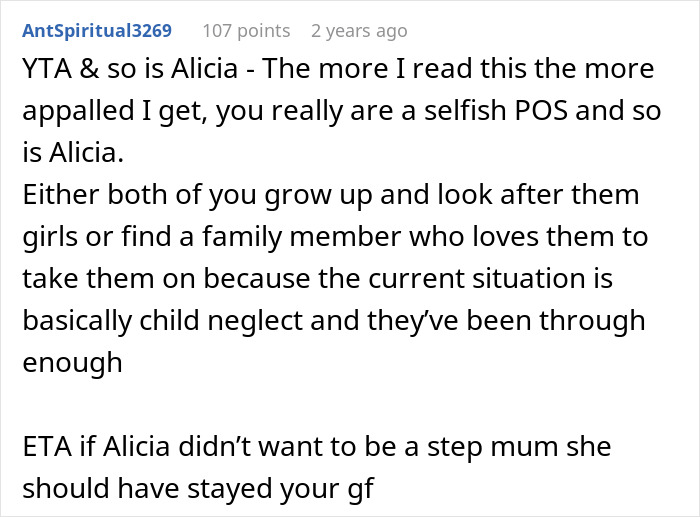 A comment from AntSpiritual3269 calling the dad and new wife selfish for not being able to handle his kids, suggesting child neglect. A comment from AntSpiritual3269 calling the dad and new wife selfish for not being able to handle his kids, suggesting child neglect.