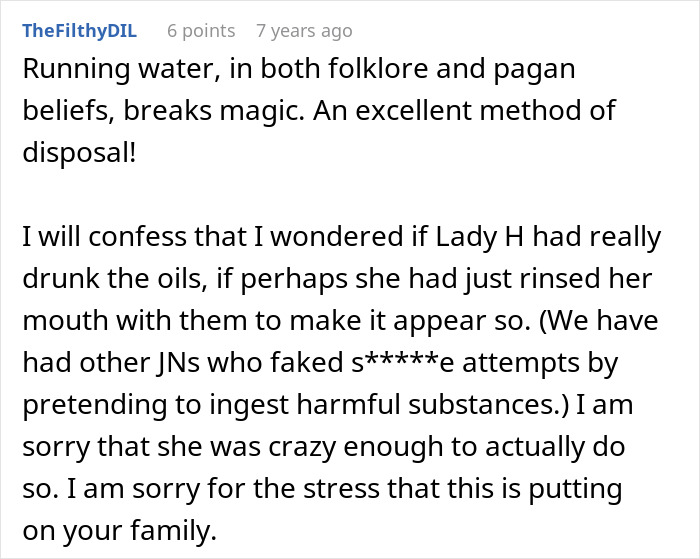 A comment suggesting running water to break the witching MIL's magic after her potion incident.
