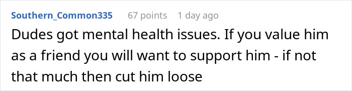A concise comment about the groom's friend's withdrawal issues, suggesting support or distancing. A concise comment about the groom's friend's withdrawal issues, suggesting support or distancing.