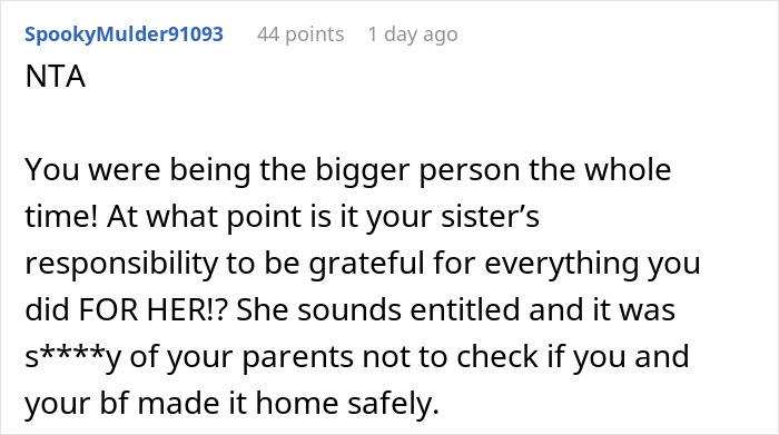 Reddit comment supporting a woman who turned her car around mid-trip due to sister's reaction causing family drama. Reddit comment supporting a woman who turned her car around mid-trip due to sister's reaction causing family drama.