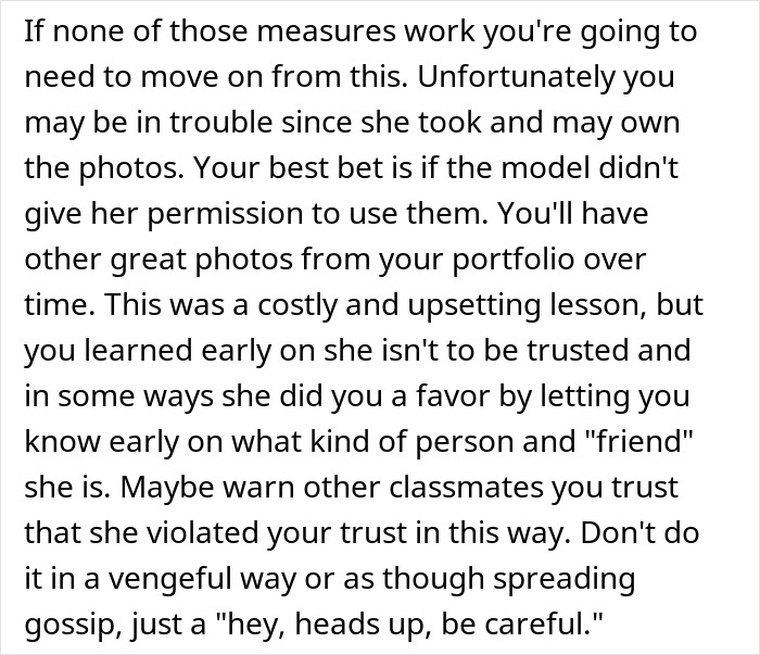 A screenshot with advice for a woman who trusted an older friend, discussing moving on and warning classmates about her.