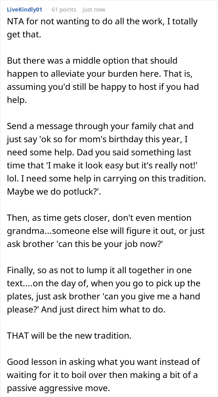 A comment offering advice on how to host a mom's B-day celebration with help, sharing the burden. A comment offering advice on how to host a mom's B-day celebration with help, sharing the burden.