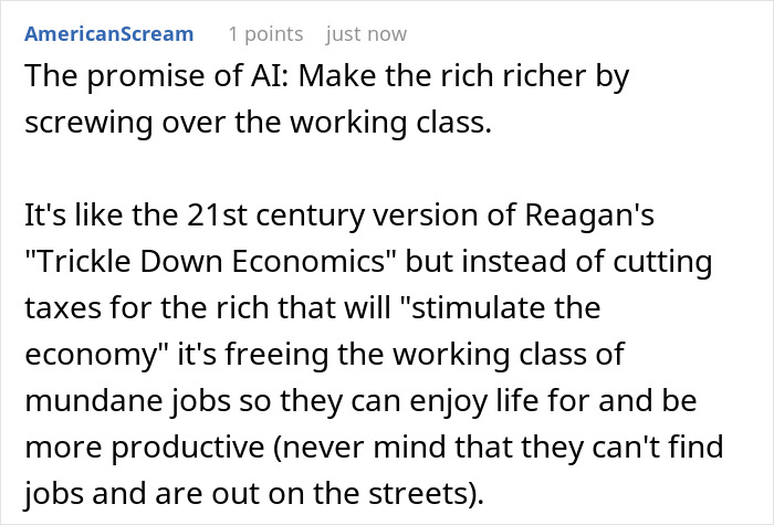 A screenshot showing a Reddit comment about an ex-Meta worker and AI replacing an entire team and his job, with a focus on economics. A screenshot showing a Reddit comment about an ex-Meta worker and AI replacing an entire team and his job, with a focus on economics.
