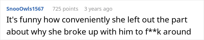 A comment pointing out that a woman conveniently omitted details about breaking up with her cheating ex.