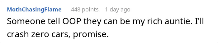 A comment from a user promising not to crash a car if they get a rich auntie house sitter.