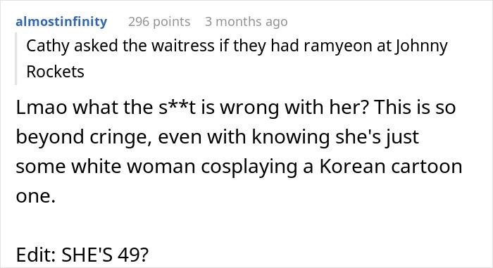 A Reddit comment expressing disbelief and cringiness about the stepmom who dressed as a K-Pop character. A Reddit comment expressing disbelief and cringiness about the stepmom who dressed as a K-Pop character.