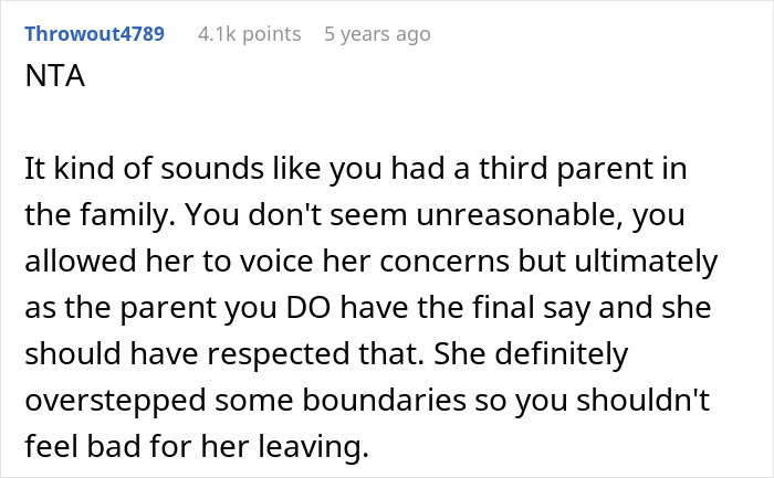 A screenshot of a Reddit comment supporting the parent, stating the nanny overstepped boundaries by acting like a third parent.