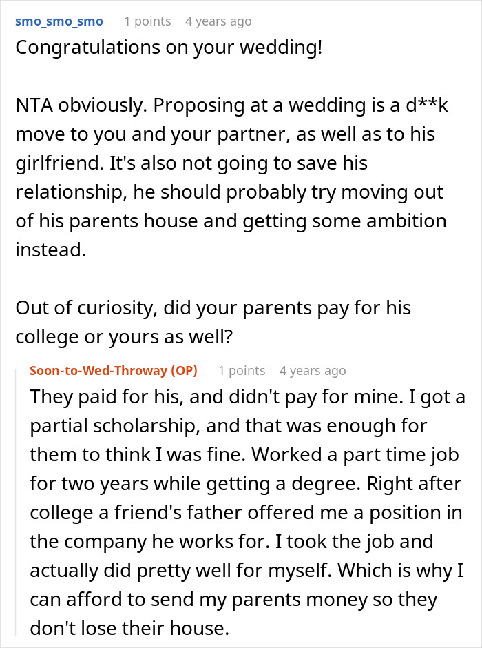 A Reddit comment regarding an entitled man planning to propose at a brother's wedding.