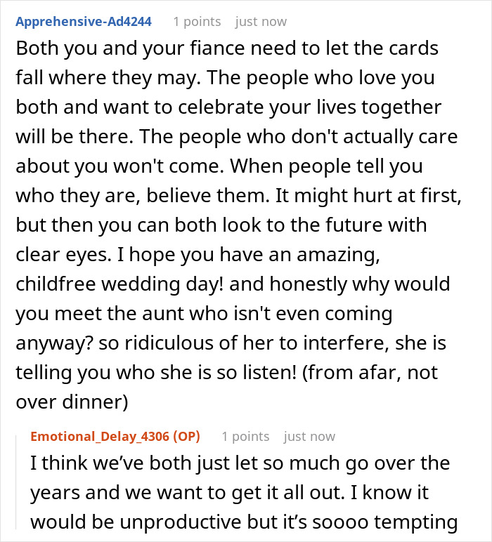 Reddit comment supporting a childfree wedding amidst a family feud, can't digest kids can't attend. Reddit comment supporting a childfree wedding amidst a family feud, can't digest kids can't attend.