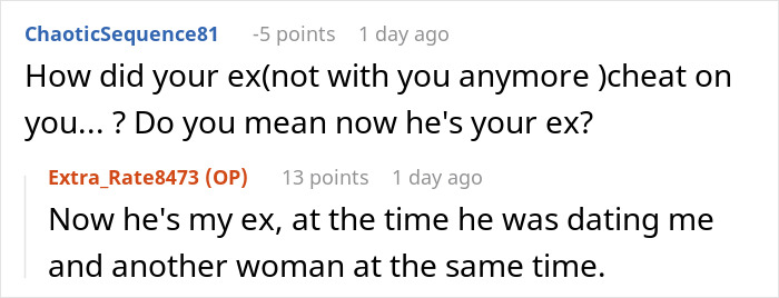 A screenshot showing a Reddit user's comment, and the GF's reply about her BF secretly dating another woman. A screenshot showing a Reddit user's comment, and the GF's reply about her BF secretly dating another woman.
