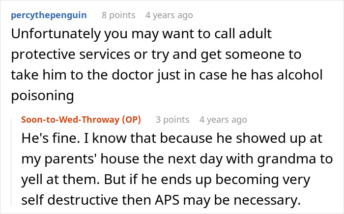 Screenshot of a Reddit thread discussing the entitled man's health and his reaction after his brother's wedding incident.