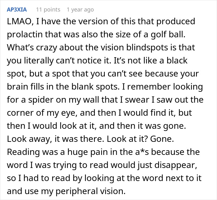 A personal account of a brain tumor causing vision blindspots and reading difficulties.