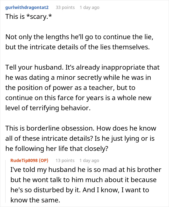 A Reddit comment expressing fear about a guy's detailed lies, labeling it as borderline obsession with his GF.