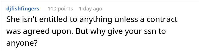 A Reddit comment stating the mom isn't entitled to a finder's fee without a contract for her son's money. A Reddit comment stating the mom isn't entitled to a finder's fee without a contract for her son's money.