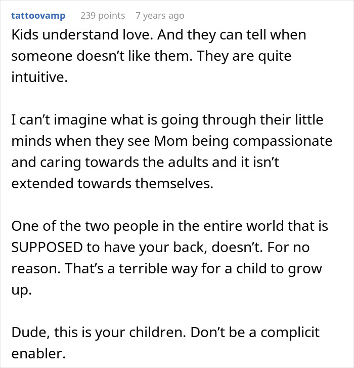Screenshot of a Reddit comment explaining that kids understand love and know when someone doesn't like them.