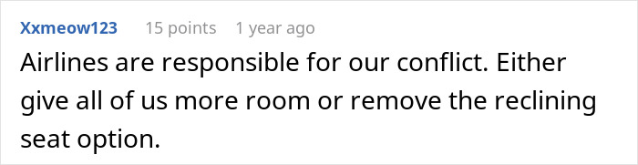A Reddit comment by Xxmeow123 suggesting airlines are responsible for conflict over reclining on an overnight flight.