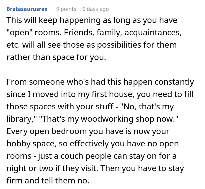 A Reddit comment advising a couple to fill open rooms to prevent family from wanting to move in after buying a dream home. A Reddit comment advising a couple to fill open rooms to prevent family from wanting to move in after buying a dream home.