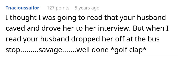 A comment praising the husband for dropping the Pushy MIL at the bus stop for her early morning ride. A comment praising the husband for dropping the Pushy MIL at the bus stop for her early morning ride.