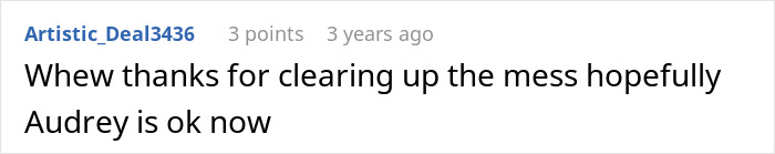 An online comment from a user named Artistic_Deal3436 hoping Audrey is okay.