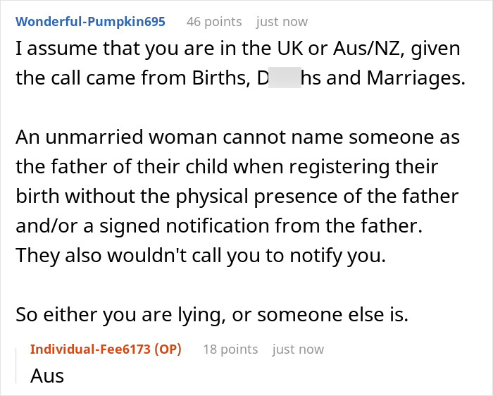 Reddit comment on an ex ending a relationship by text, then using paperwork to name a man as baby's dad. Reddit comment on an ex ending a relationship by text, then using paperwork to name a man as baby's dad.