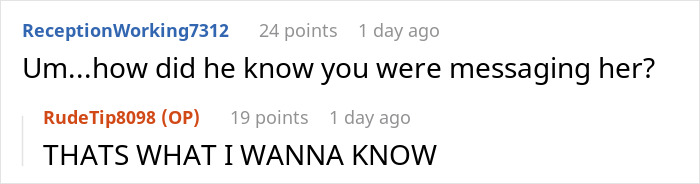 A Reddit comment asking how the guy knew about a message to the GF, highlighting the mystery of his knowledge.