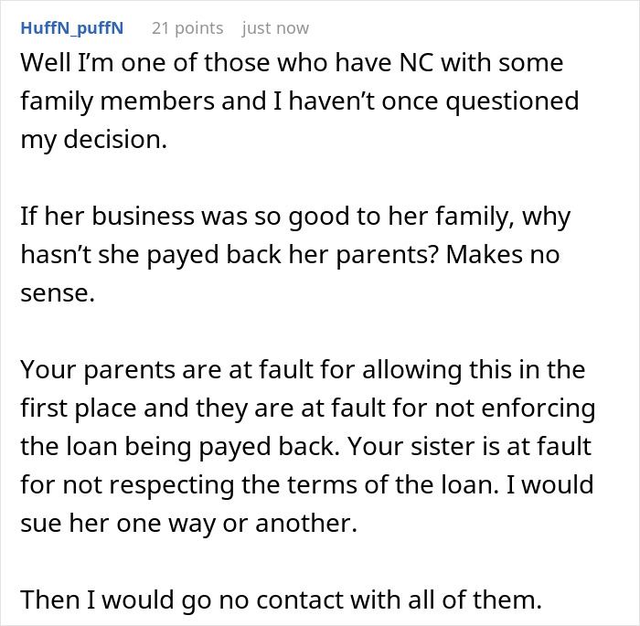 Screenshot of a Reddit comment about a woman learning her sister received her college fund, advising to sue her sister. Screenshot of a Reddit comment about a woman learning her sister received her college fund, advising to sue her sister.