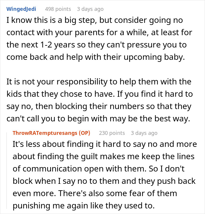 A screenshot of a Reddit comment suggesting the man go no contact with his parents to escape raising their kids. A screenshot of a Reddit comment suggesting the man go no contact with his parents to escape raising their kids.