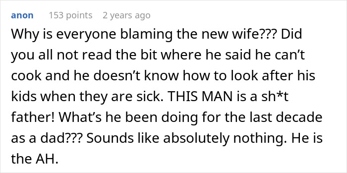 A comment blaming the dad, not the new wife, for not being able to handle his kids, suggesting he is a sh*t father. A comment blaming the dad, not the new wife, for not being able to handle his kids, suggesting he is a sh*t father.
