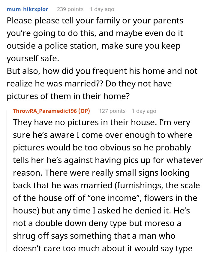A Reddit comment discussing a woman's dilemma about her cheating BF, questioning signs of his marriage.