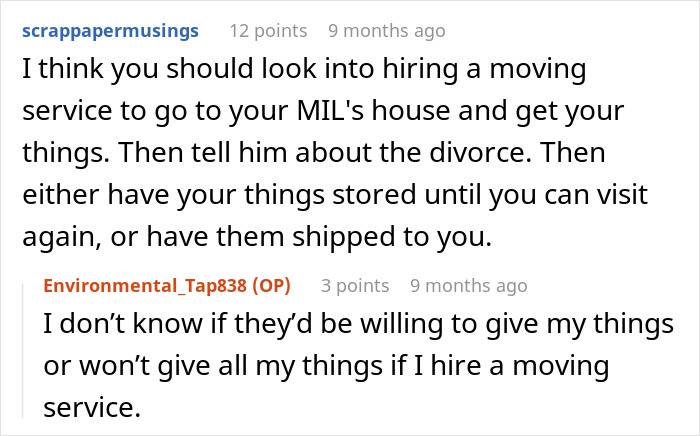 A Reddit comment suggesting a moving service for a wife feeling like the third wheel in her marriage. A Reddit comment suggesting a moving service for a wife feeling like the third wheel in her marriage.