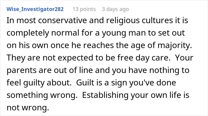 Online comment stating parents are out of line for ruining their son's childhood by making him raise their kids. Online comment stating parents are out of line for ruining their son's childhood by making him raise their kids.