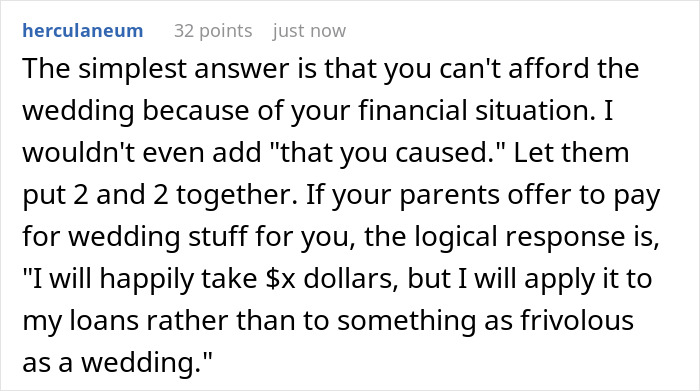 Screenshot of a Reddit comment regarding a woman learning her sister received her college fund, suggesting she apply wedding funds to loans. Screenshot of a Reddit comment regarding a woman learning her sister received her college fund, suggesting she apply wedding funds to loans.