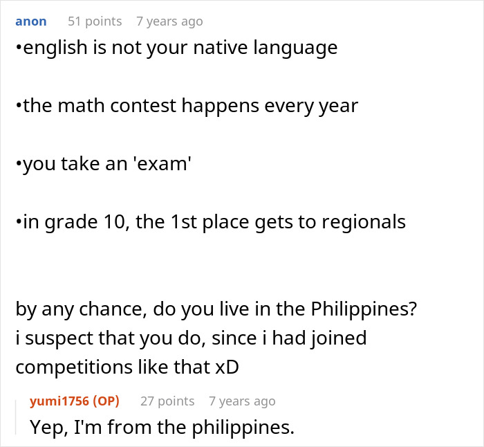 A screenshot of a comment section, with a user discussing details about math contests for a teenage girl. A screenshot of a comment section, with a user discussing details about math contests for a teenage girl.
