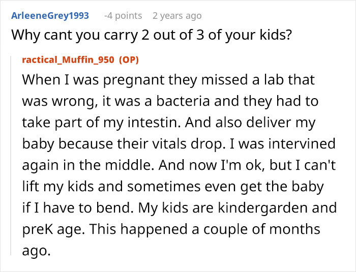 A screenshot showing a comment from ArleeneGrey1993, asking why the original poster can't carry her kids. The reply from ractical_Muffin_950 explains her medical condition and why she needs a nanny for her family vacation.