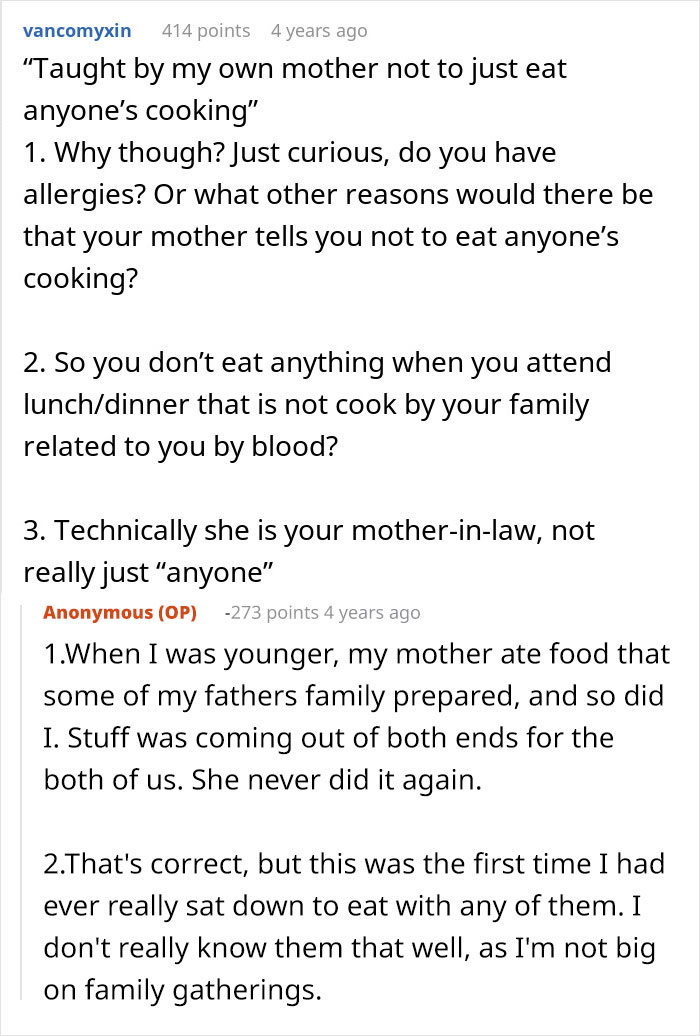 A woman refuses to eat at MIL's home. Comment section discussing not eating anyone's cooking.