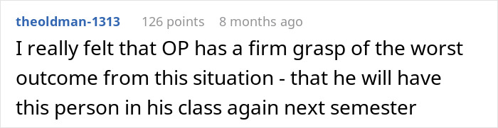 A comment about a lecturer having a student repeat a module after refusing group work. A comment about a lecturer having a student repeat a module after refusing group work.