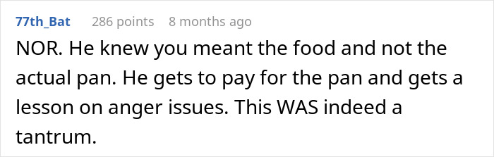 A comment from 77th_Bat stating the boyfriend knew she meant the food and not the pan, and he needs a lesson on anger issues.