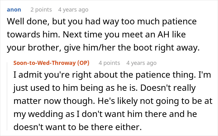 A screenshot of a comment about the entitled man and his brother's wedding, discussing patience.