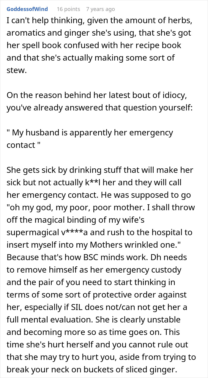 A screenshot of a Reddit comment detailing how a crazy MIL's witching around potion failed, leading to her emergency contact.