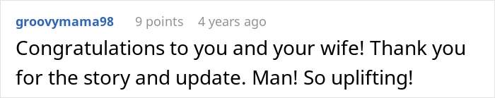 A Reddit comment from user groovymama98, congratulating a couple on their wedding and thanking them for a story update.