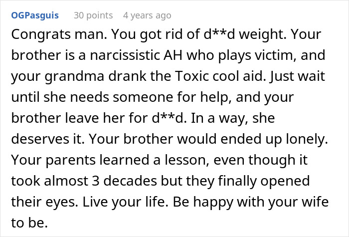 A comment congratulating someone for getting rid of d**d weight after the entitled man lost more than he bargained for.