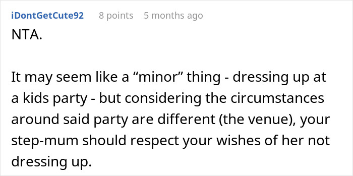 A Reddit comment supporting the decision to not allow the stepmom to dress up as a K-pop character for a kid's birthday party. A Reddit comment supporting the decision to not allow the stepmom to dress up as a K-pop character for a kid's birthday party.