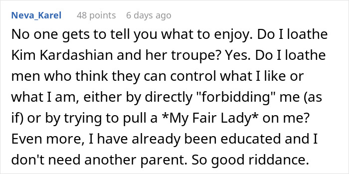 A comment about a BF deleting a phone app, asserting that no one gets to control what someone enjoys. A comment about a BF deleting a phone app, asserting that no one gets to control what someone enjoys.