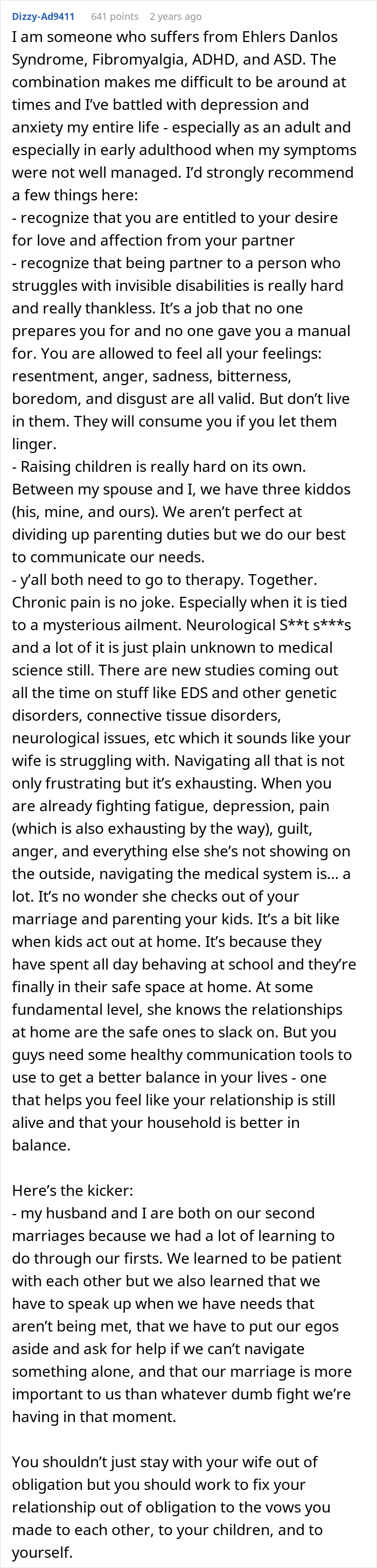 Man carries the family, sick wife sleeps 12 hours a day. A long comment explaining chronic pain and marriage issues.